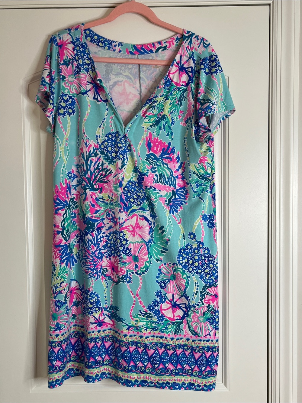 Lily Pulitzer-“Sophiletta”Dress in bright turquoise, pink & blue coral print-XL